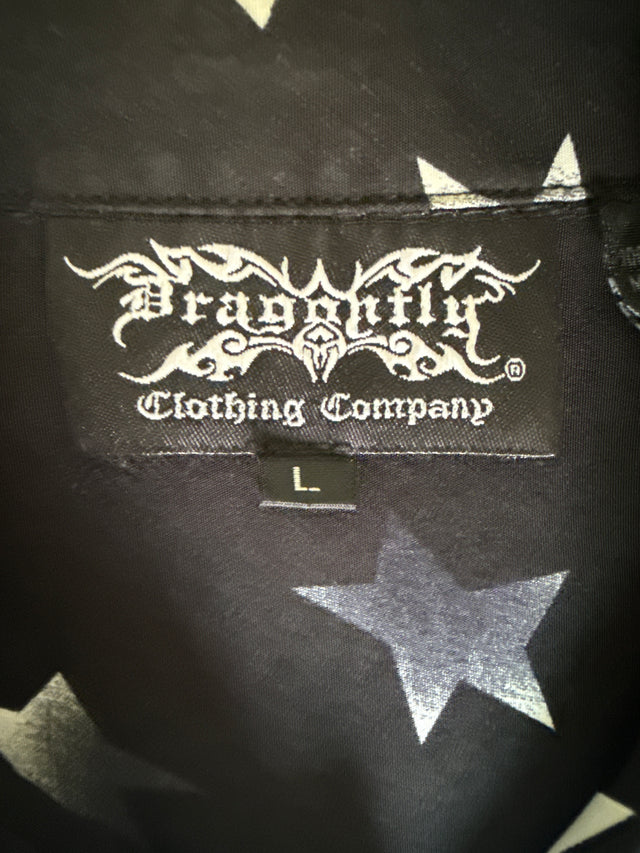 Vintage Dragonfly Easy Rider Biker Shirt – Stars & Stripes USA Flag Motorcycle Button-Up (Size L)