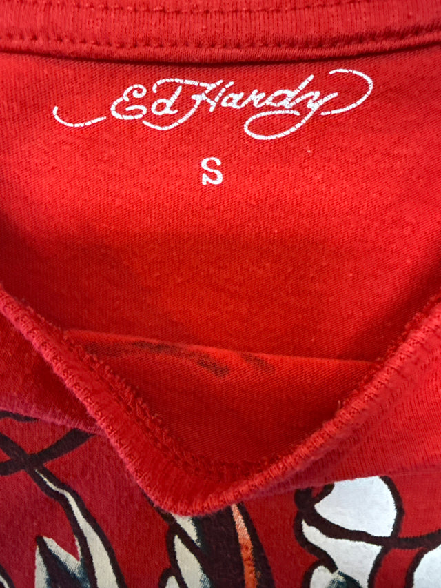 Women’s Ed Hardy “True Love” Red Crop Top Tee Tattoo Swallow Graphic, Y2K Revival (Size S)