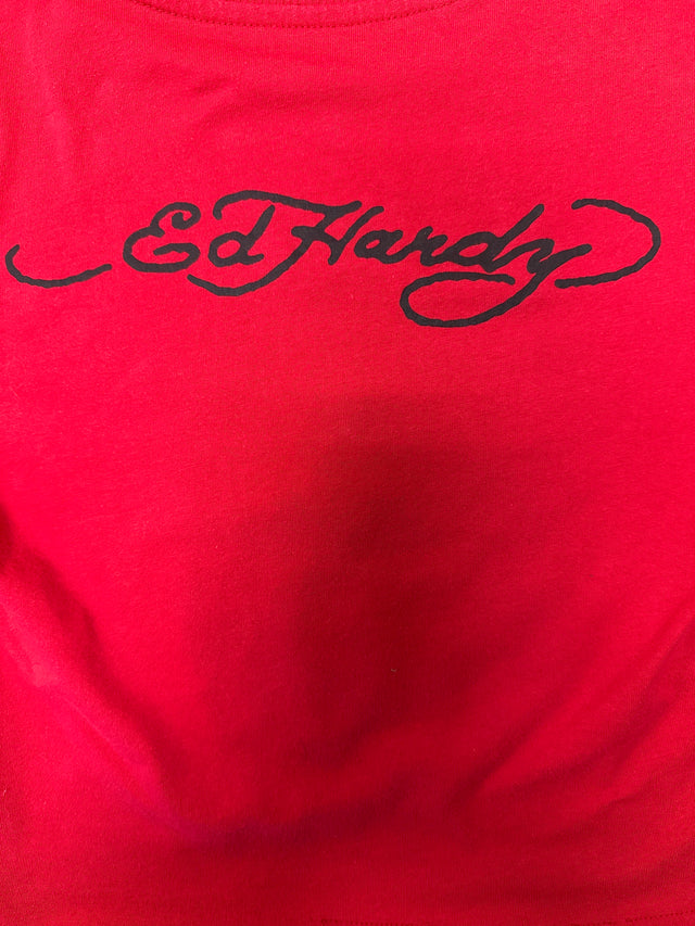 Women’s Ed Hardy “True Love” Red Crop Top Tee Tattoo Swallow Graphic, Y2K Revival (Size S)