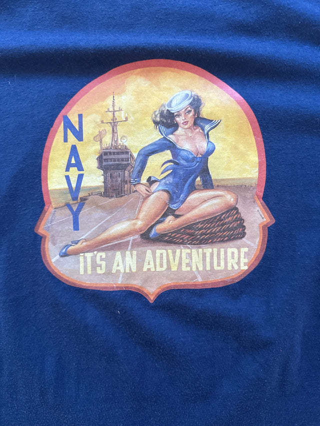 Vintage 1980s Navy “It’s An Adventure” Pin-Up Tee – XL – Made in USA Hanes Fifty-Fifty