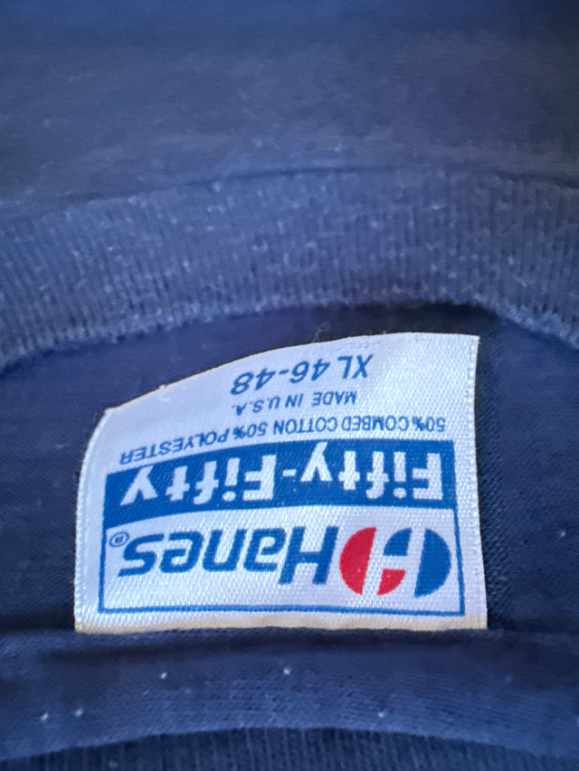 Vintage 1980s Navy “It’s An Adventure” Pin-Up Tee – XL – Made in USA Hanes Fifty-Fifty